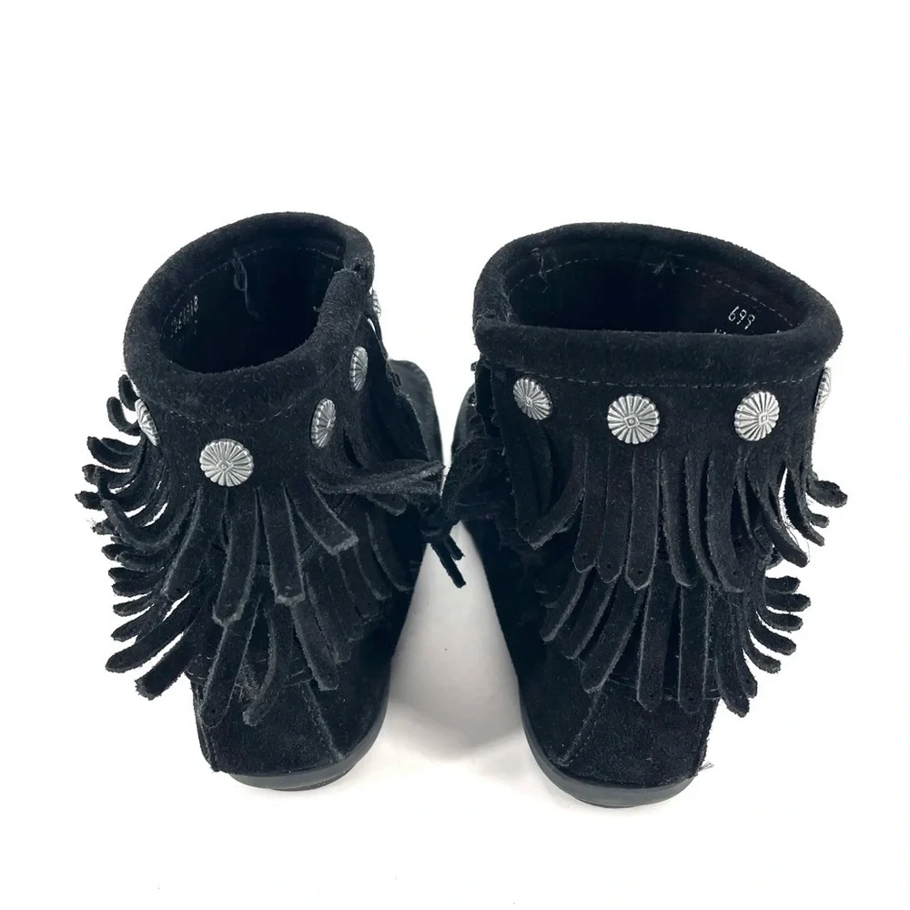 Minnetonka Black Suede Double Fringe Side Zip Ankle Bootie
